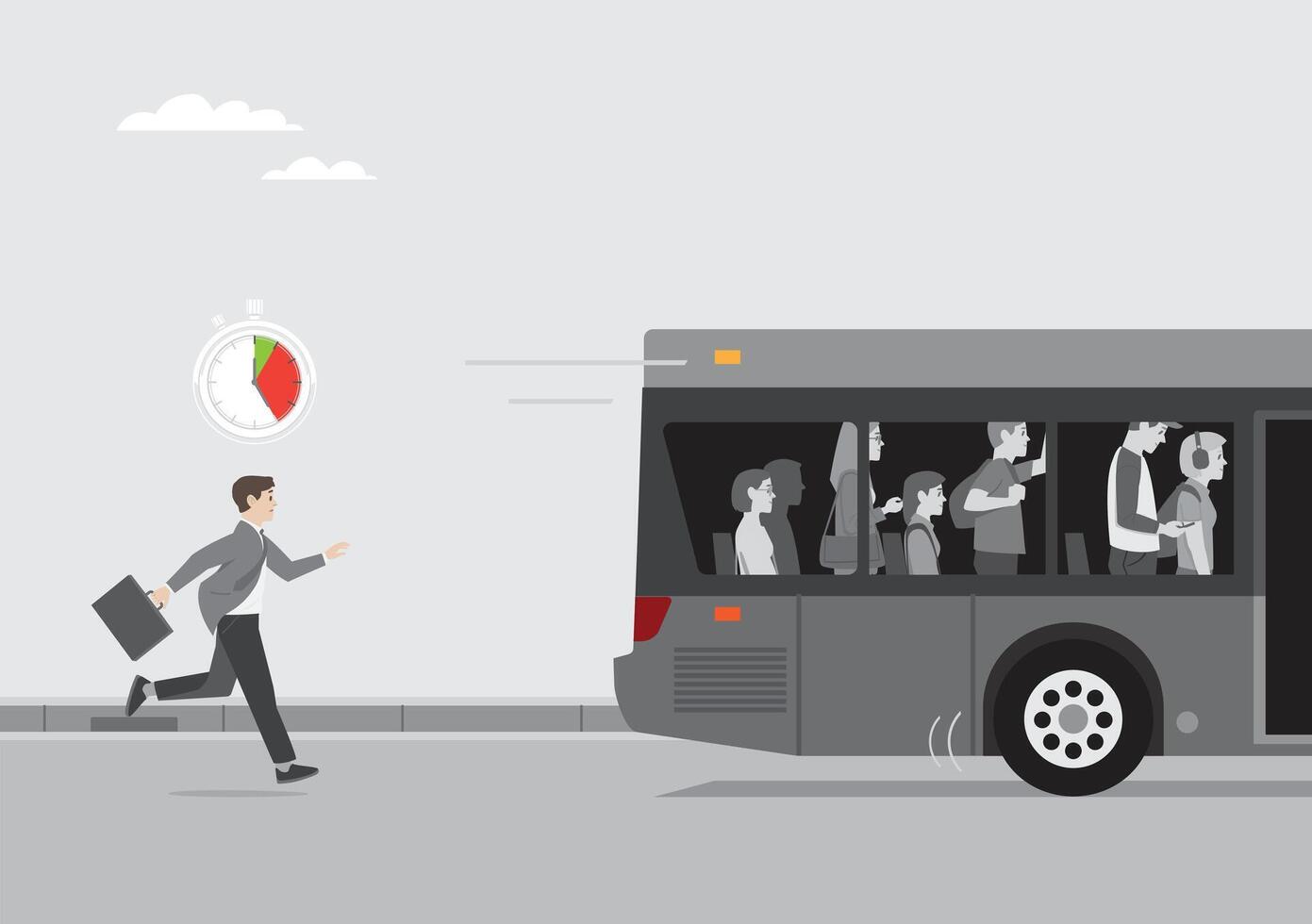 man wear business suit running late for work missing bus that already moving away vector
