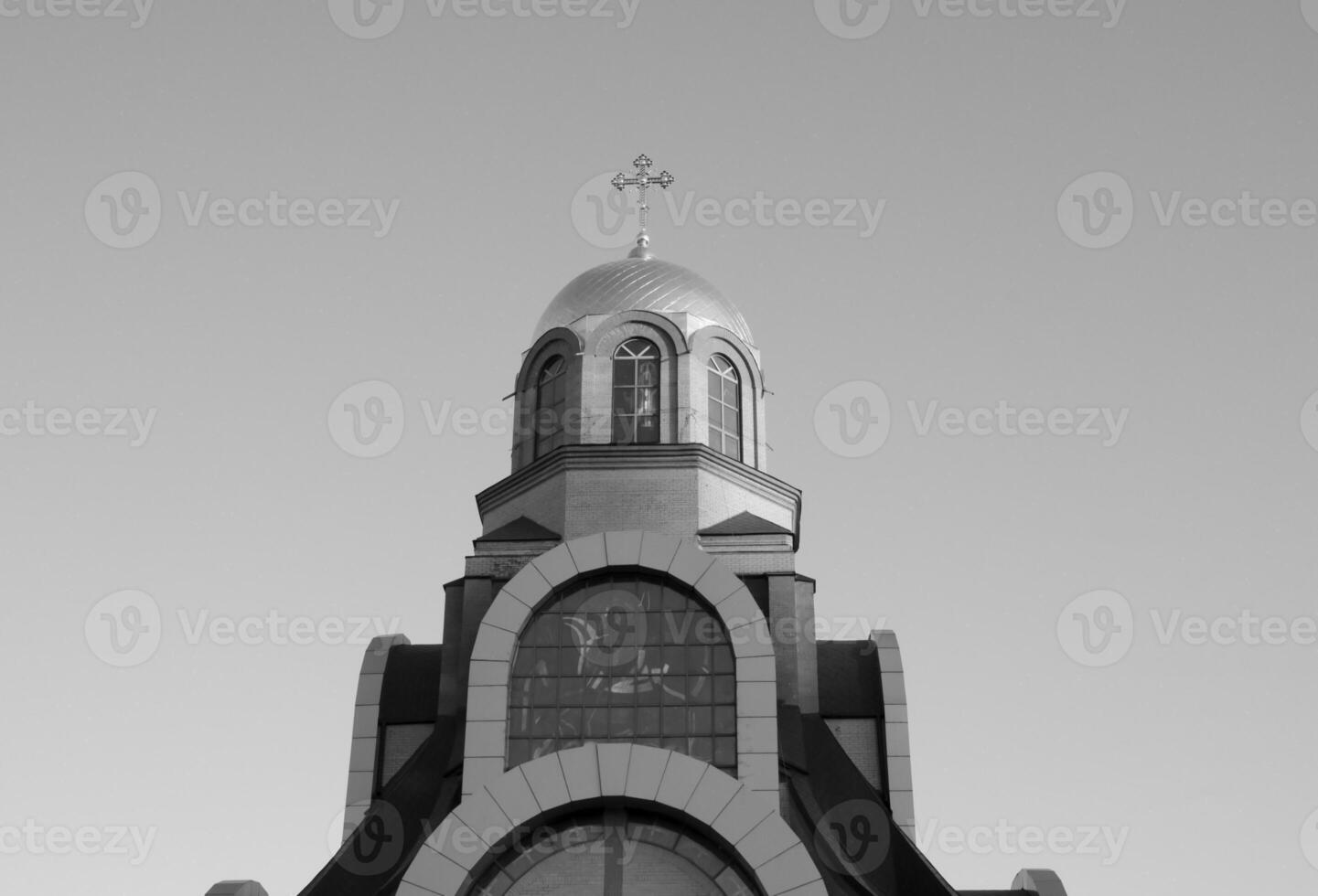 Christian church dome. Black and white monochrome grayscale photo background.
