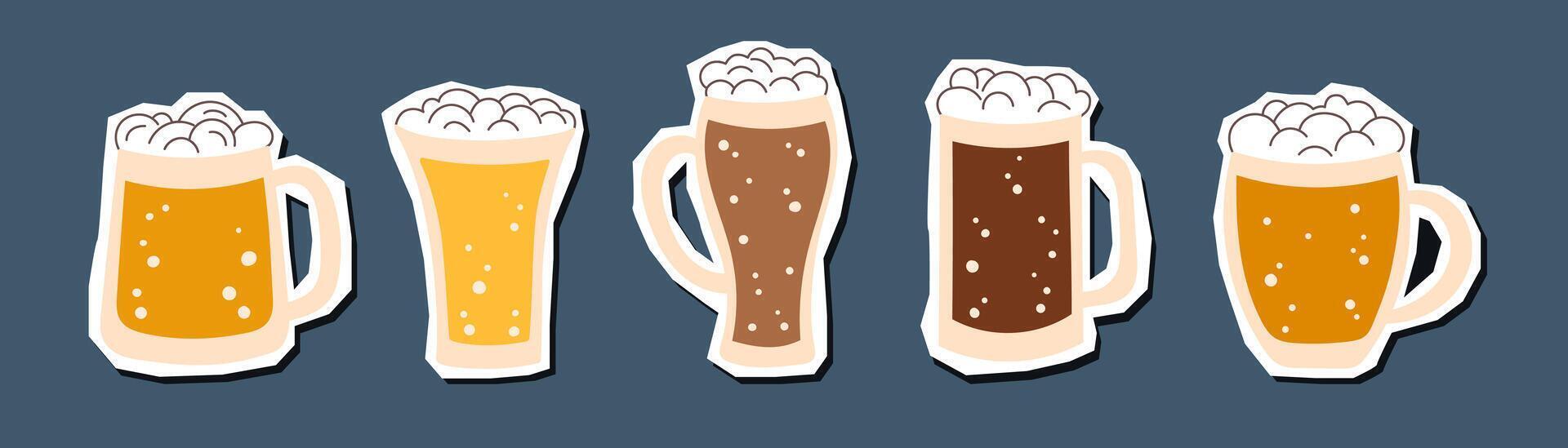 Set of beer mugs stickers isolated on blue background. Oktoberfest concept. Beer festival concept. Drinks concept. vector