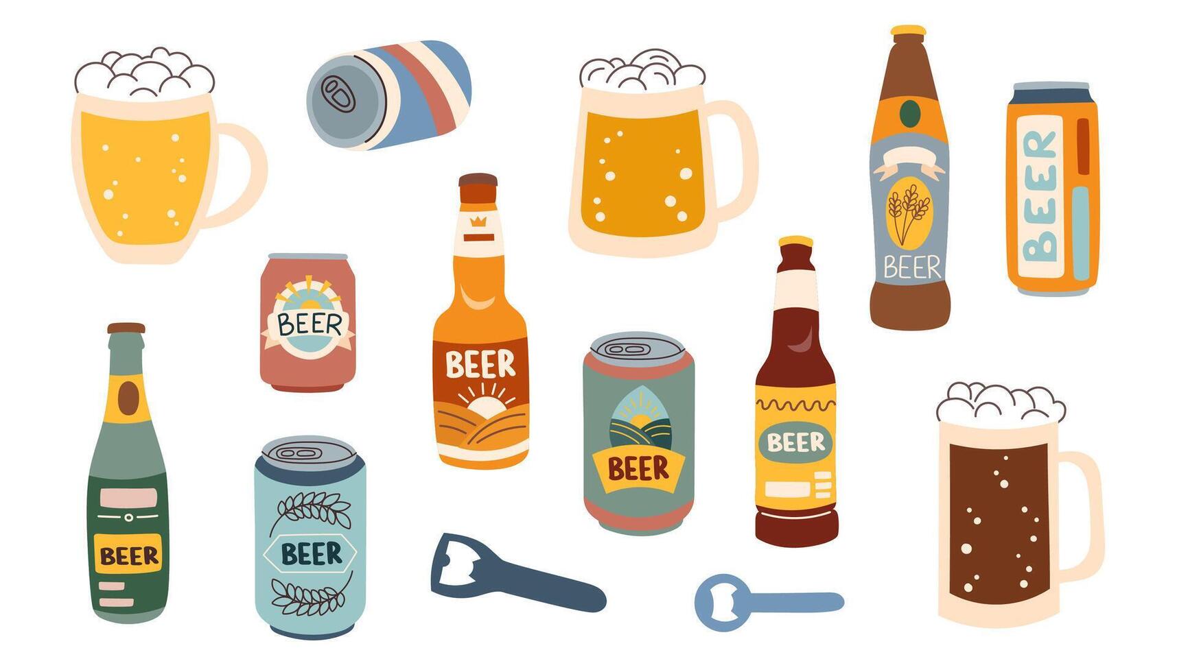 Set of beer bootles, cans and mugs isolated on white background. Oktoberfest concept. Beer festival concept. Beer brewing concept. vector