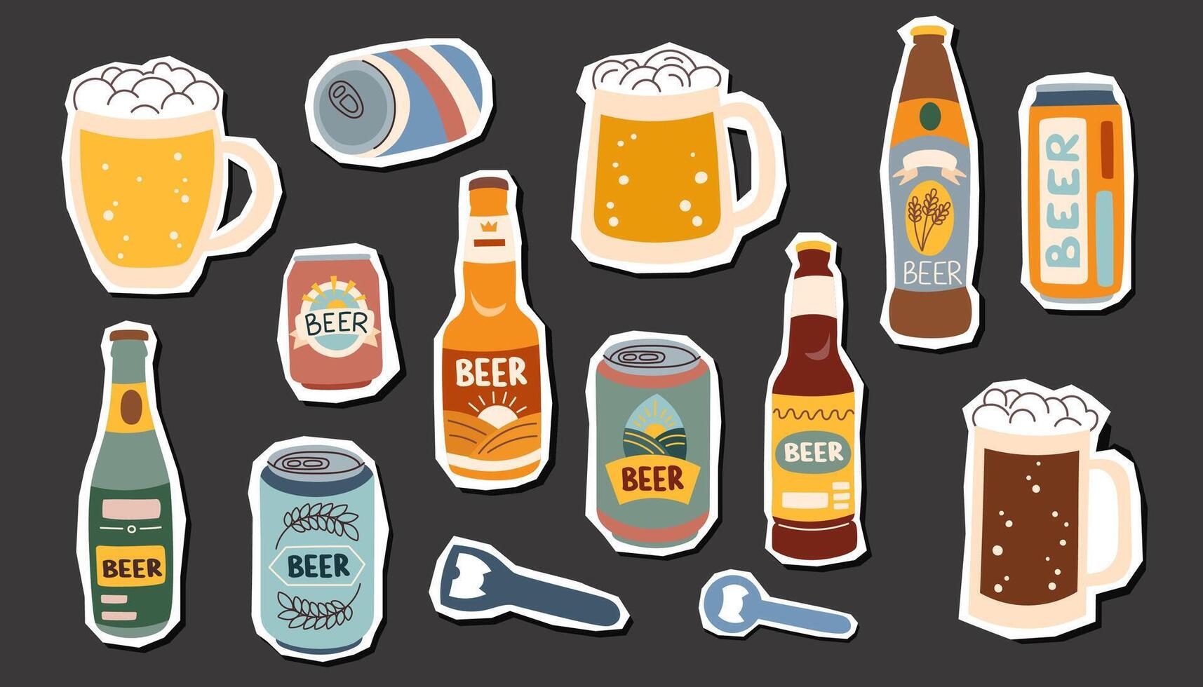 Set of beer bootles, cans and mugs isolated on black. Oktoberfest concept. Beer festival concept. Stickers set. vector