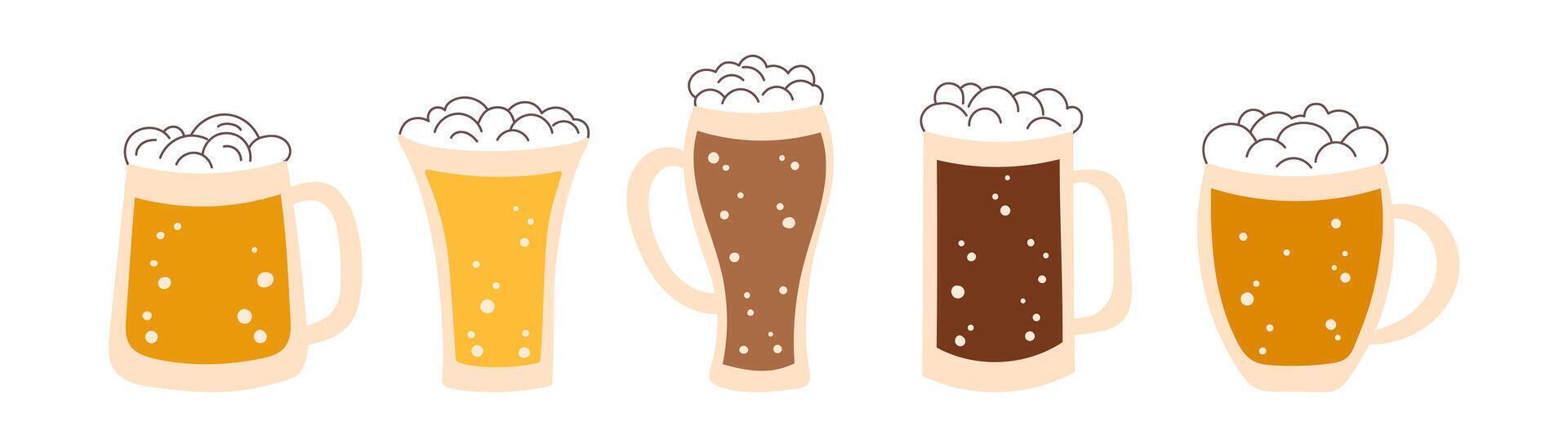 Set of beer mugs isolated on white background. Oktoberfest concept. Beer festival concept. Drinks concept. vector