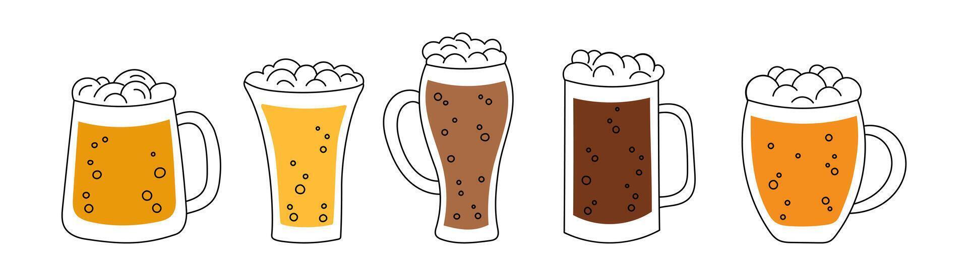 Set of beer mugs isolated on white background. Oktoberfest concept. Beer festival concept. Drinks concept. vector