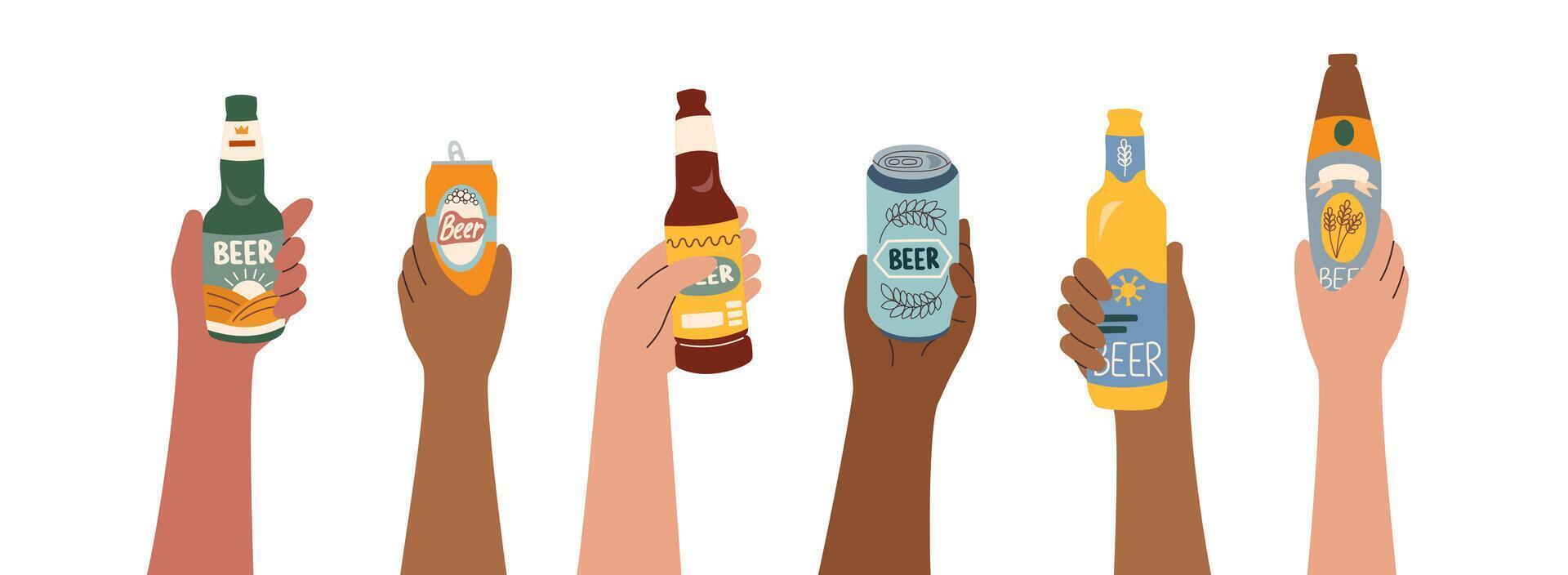 Set of beer bottles in human hands different skin tones isolated on white background. Oktoberfest concept. Beer festival concept. Drinks concept. vector