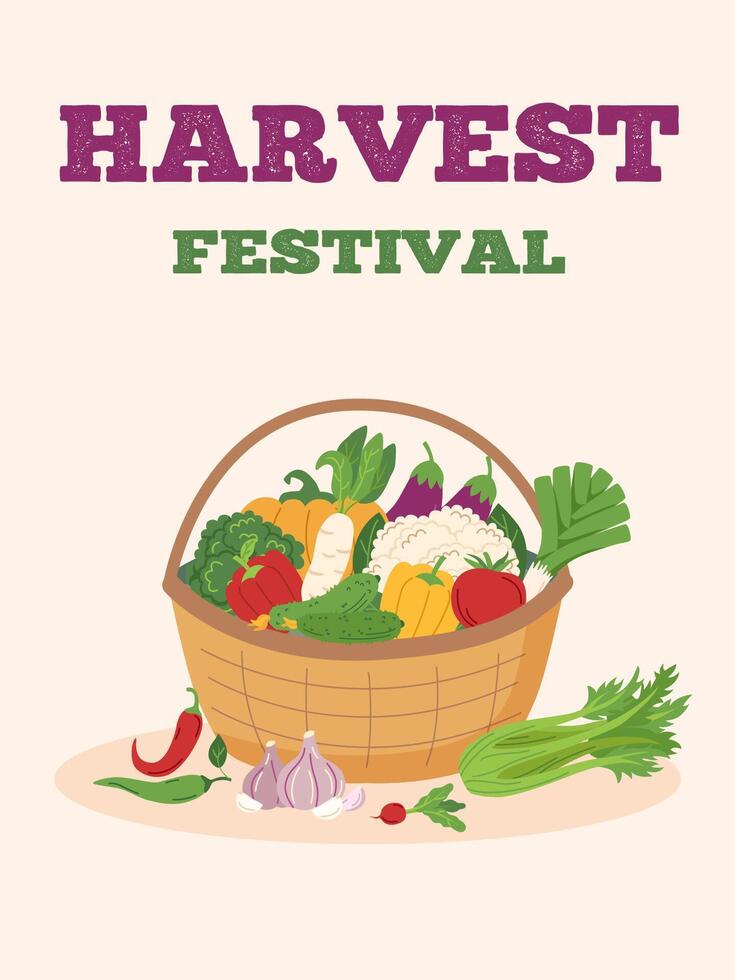 Harvest festival card. Happy harvest poster. Autumn, harvest and Thanksgiving concept. Basket with vegetables. vector