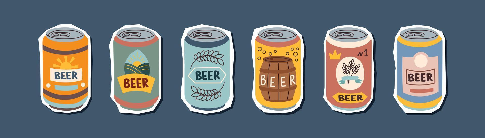 Set of beer cans stickers isolated on blue background. Oktoberfest concept. Beer festival concept. Drinks concept. vector