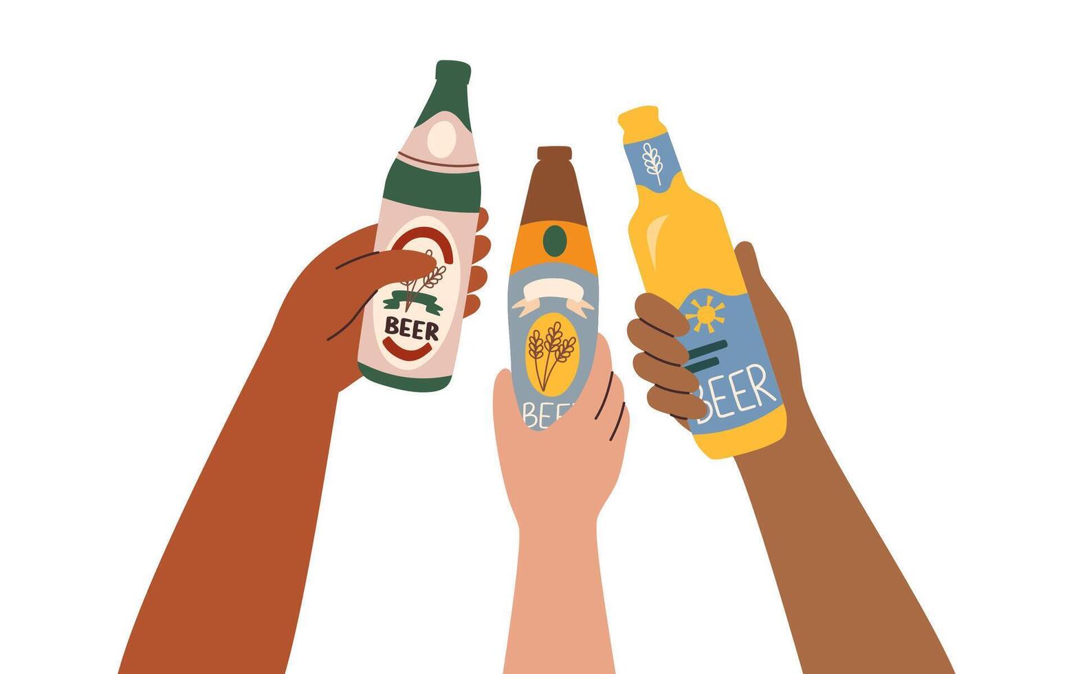 Set of beer bottles in human hands different skin tones isolated on white background. Oktoberfest concept. Beer festival concept. Friendship concept. vector