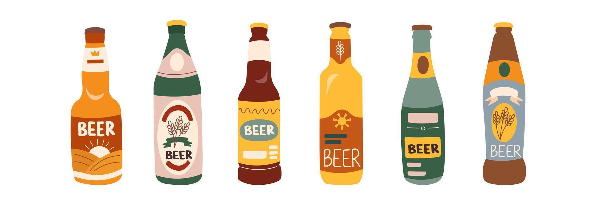 Set of beer bottles isolated on white background. Oktoberfest concept. Beer festival concept. Drinks concept. vector