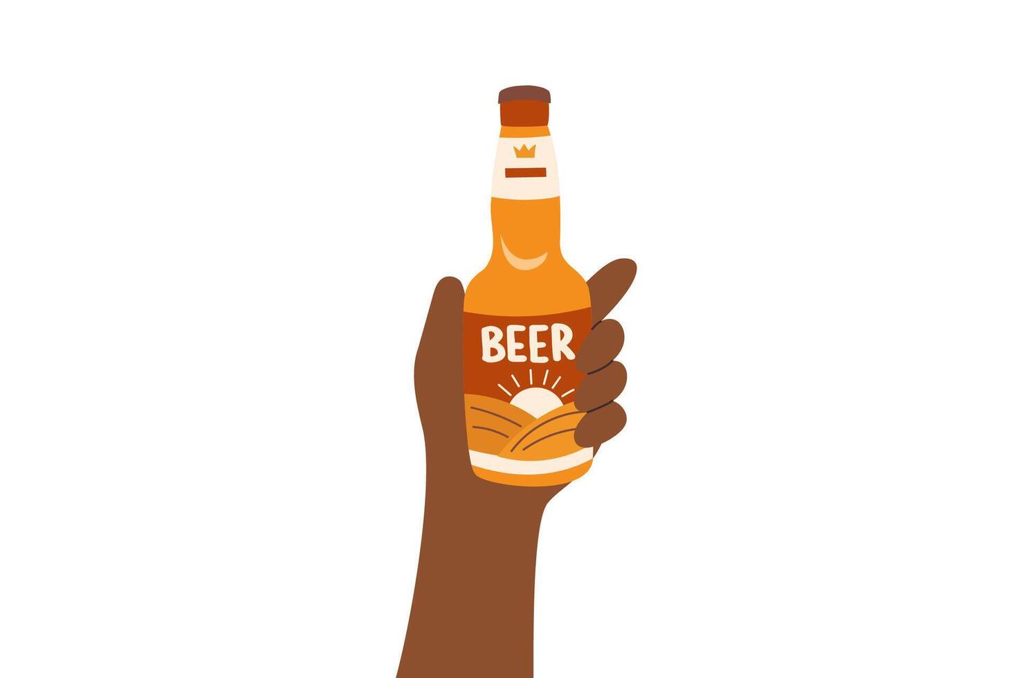 Beer bottle in human hand of black skin tone isolated on white background. Oktoberfest concept. Beer festival concept. Drinks concept. vector