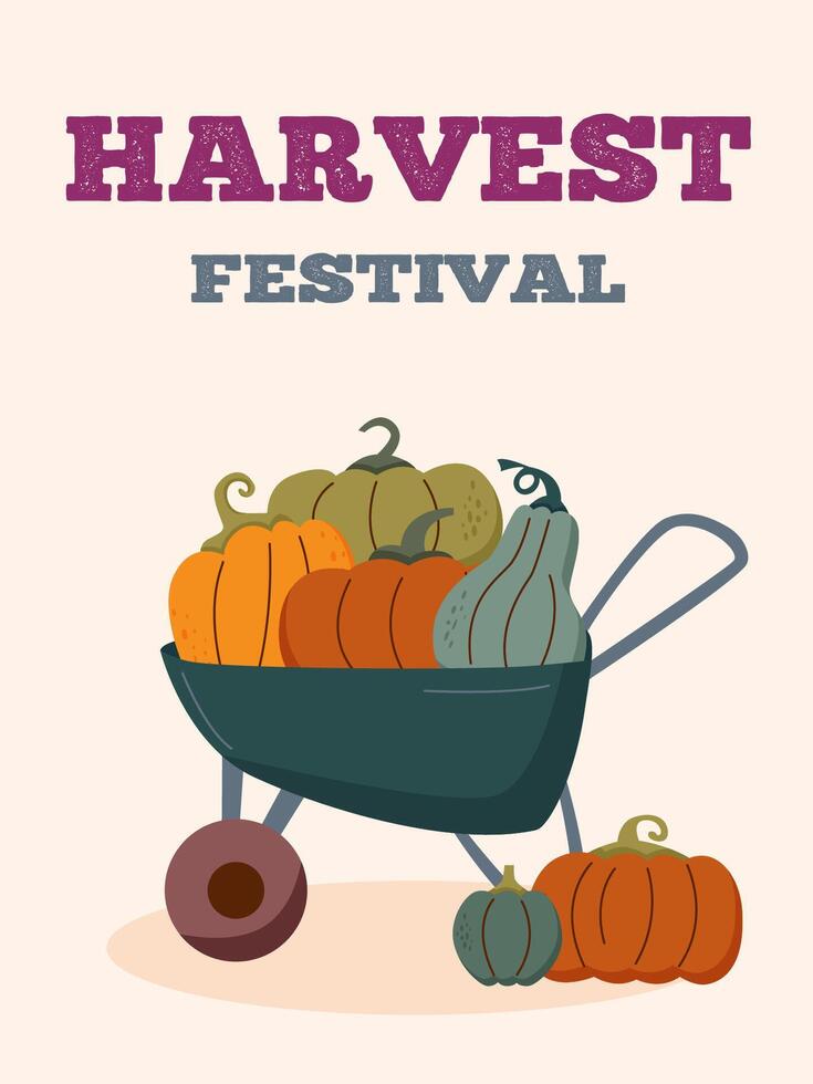 Harvest festival card. Happy harvest poster. Autumn, harvest and Thanksgiving concept. Cart with pumpkins. vector