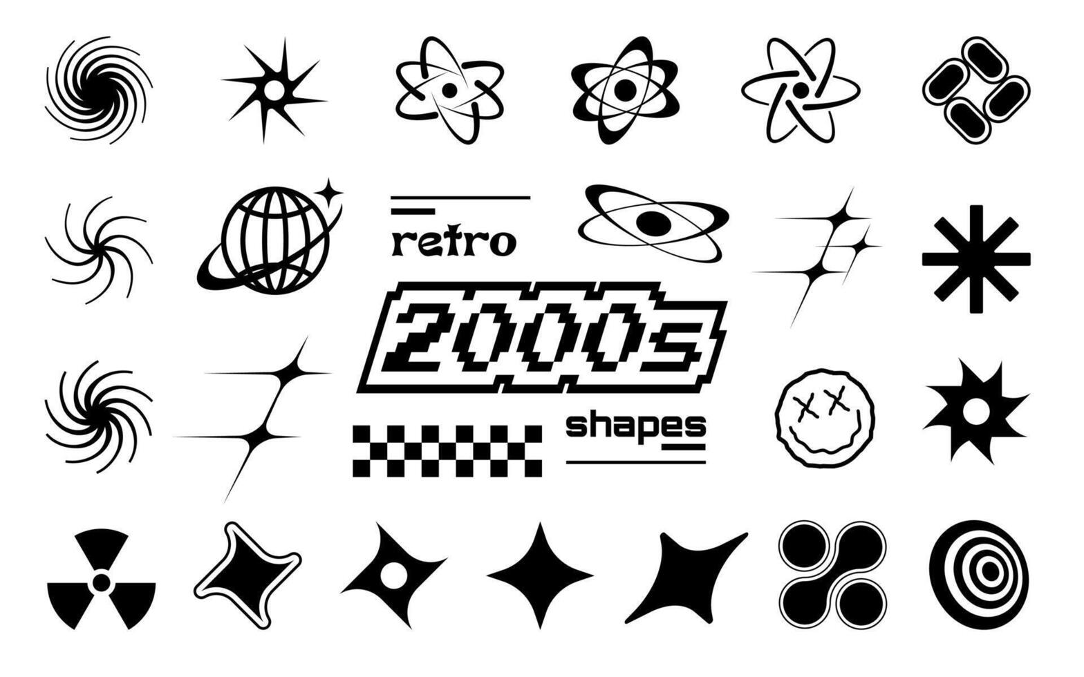 Trendy set of Y2k elements for graphic design. Geometric brutalism shapes, memphis graphic elements. Star shapes, symbols and metaballs in y2k style. vector