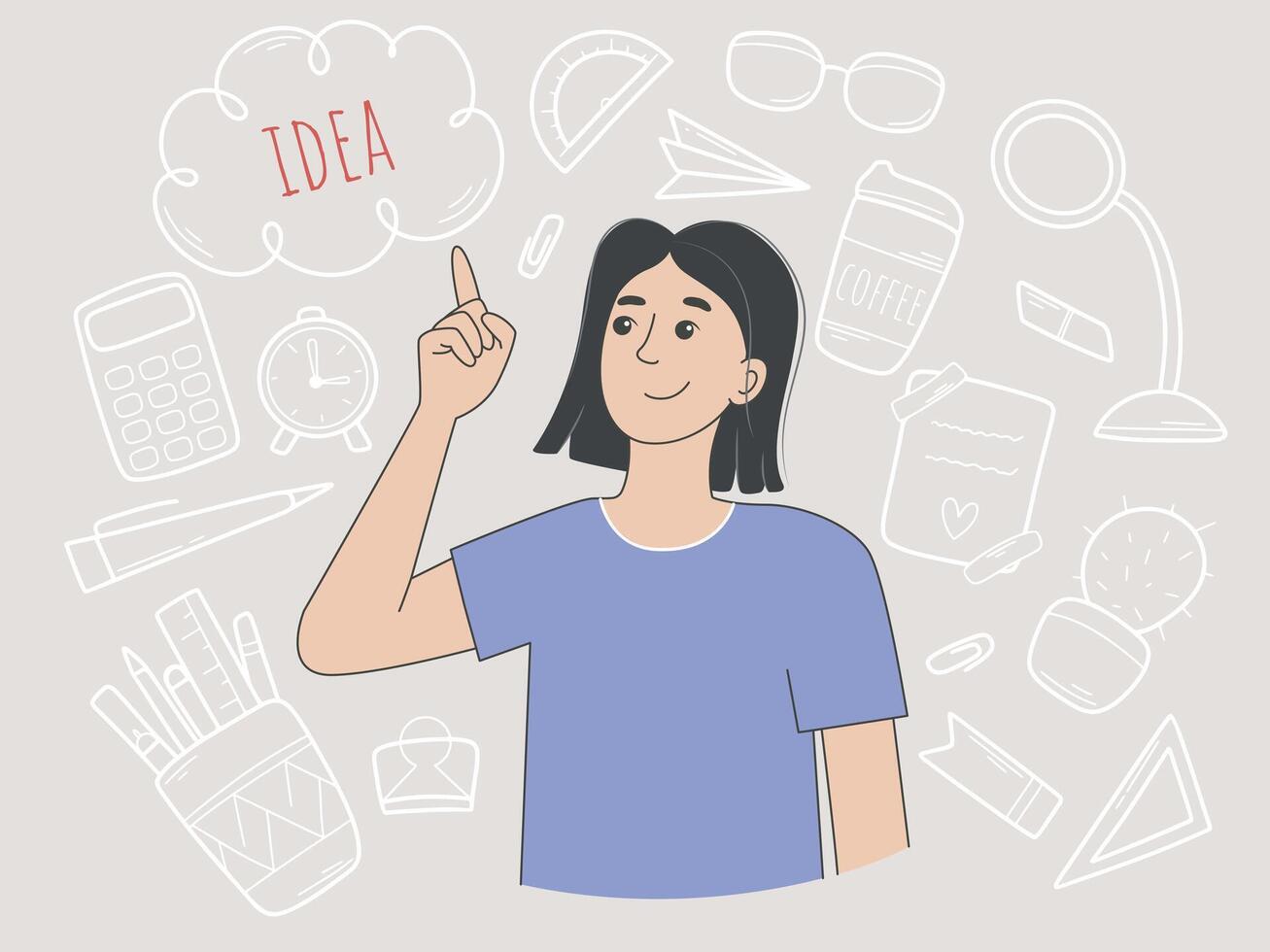Young woman having great idea surrounded by office supplies vector