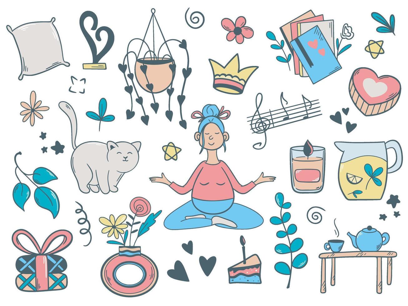 Pregnant woman meditating surrounded by objects representing mindfulness and self-care vector