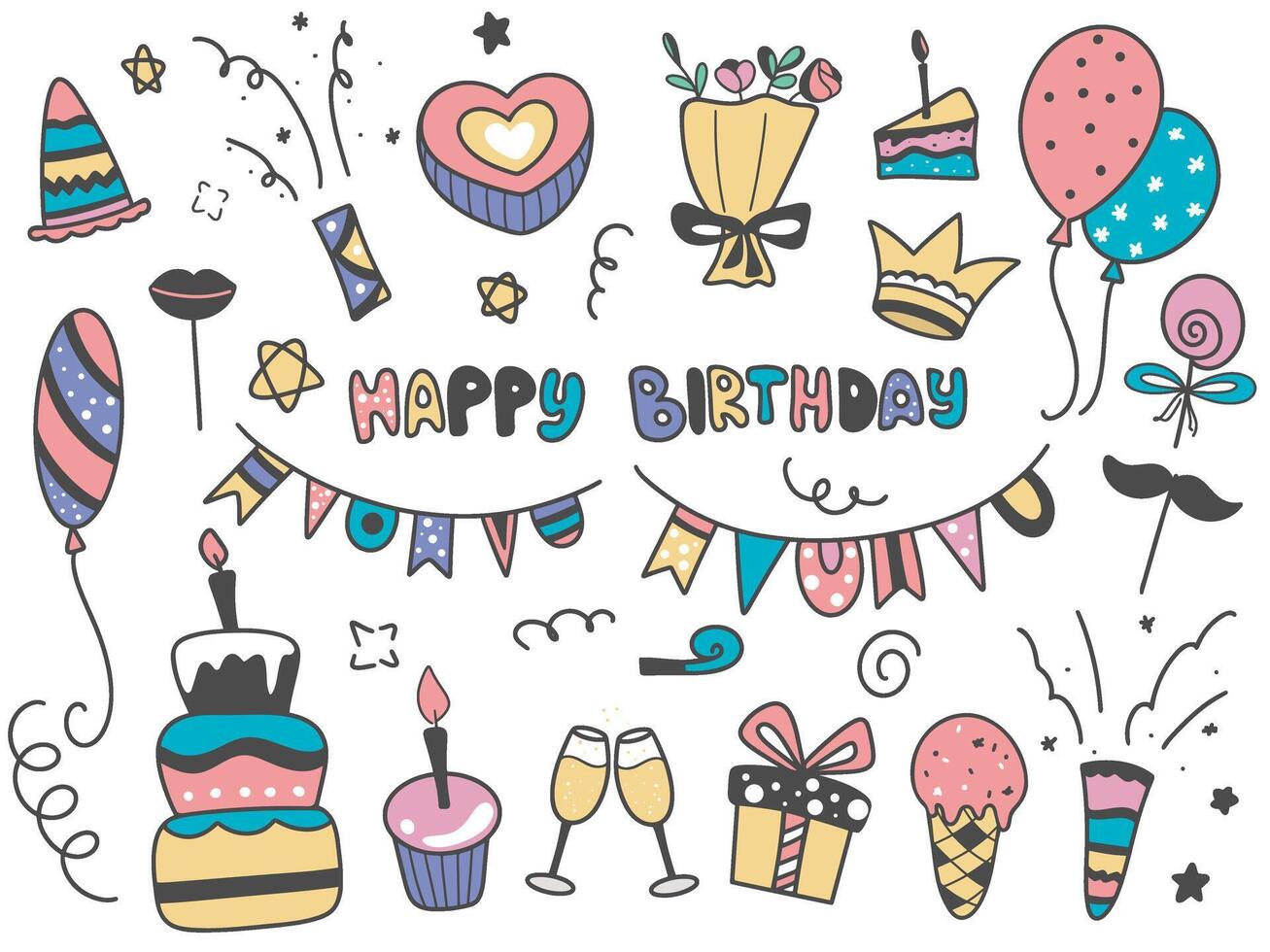 Birthday doodle elements set, graphics vector