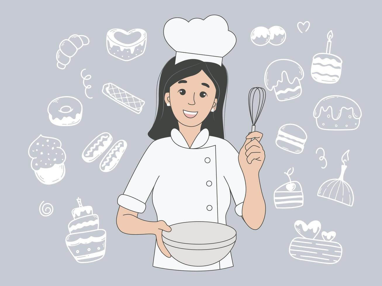 Young woman pastry chef with whisk and bowl in hands vector