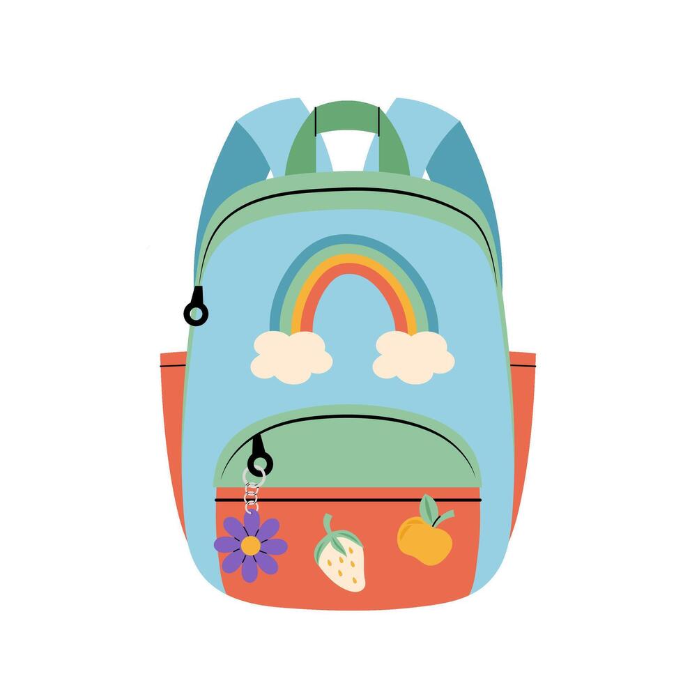 School bag. Kids backpack with rainbow in flat style on white background. vector