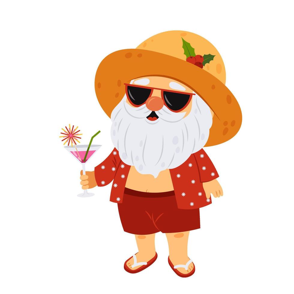 Santa Claus on vacation with a cocktail, wearing flip flops and a straw hat. Summer Christmas. Grandfather on holiday. Christmas party. Flat style illustration. vector