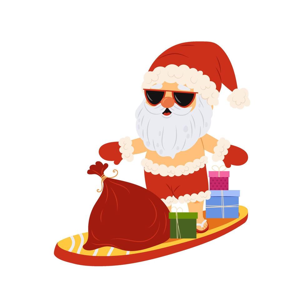 Santa Claus on a surfboard delivering presents. Summer Christmas. Christmas character in flat style. Santa Claus in sunglasses. Summer holiday surfing. vector