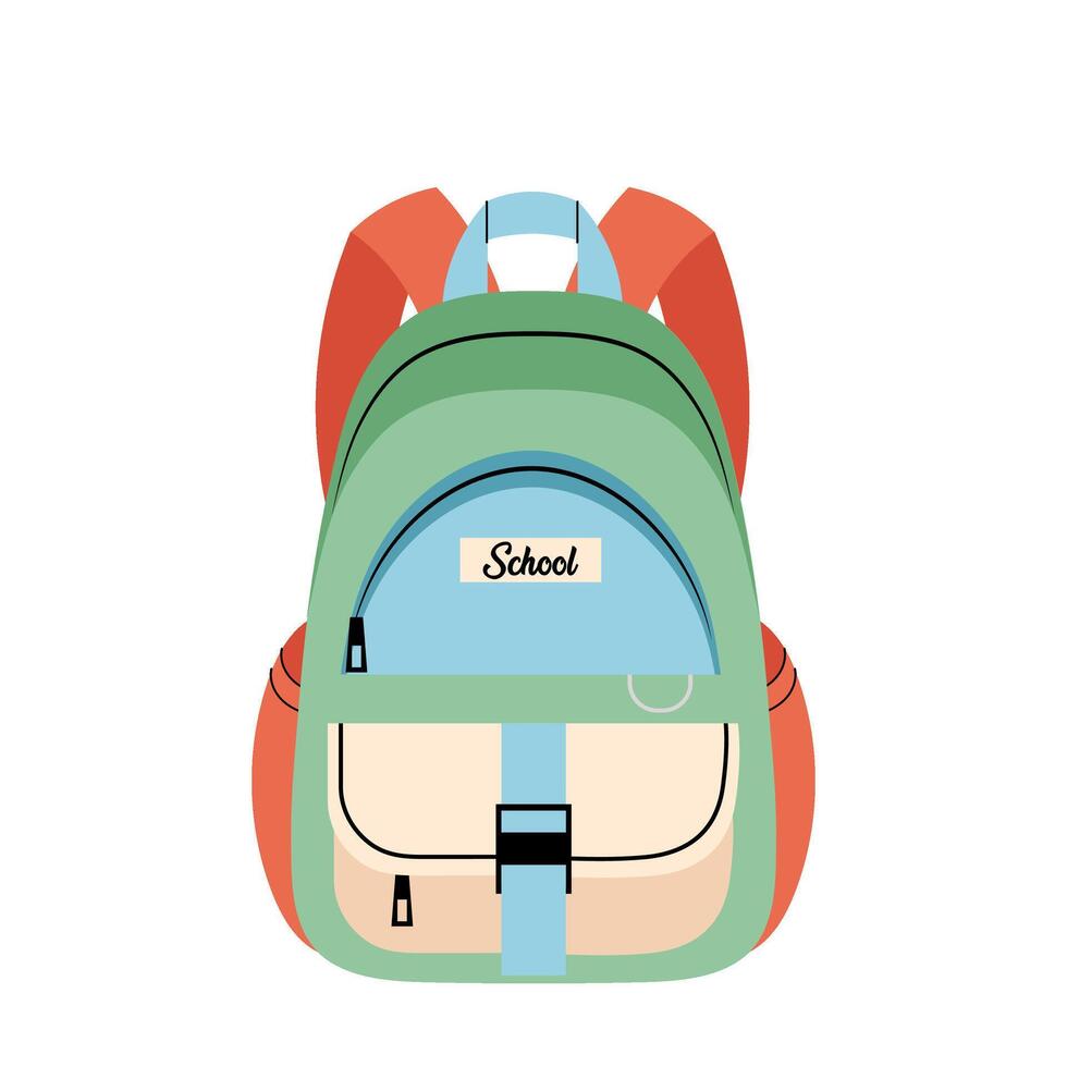 School bag. Kids backpack in flat style on white background. Travelling. Stylish accessory. vector
