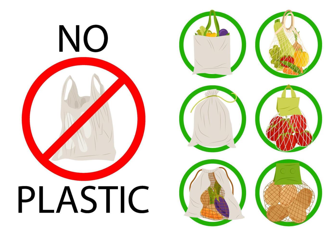 No plastic. Plastic bag crossed out in a red circle. Environmental protection. Ecology. Alternate plastic bag. Textile shopping bags. Illustration in flat style. vector