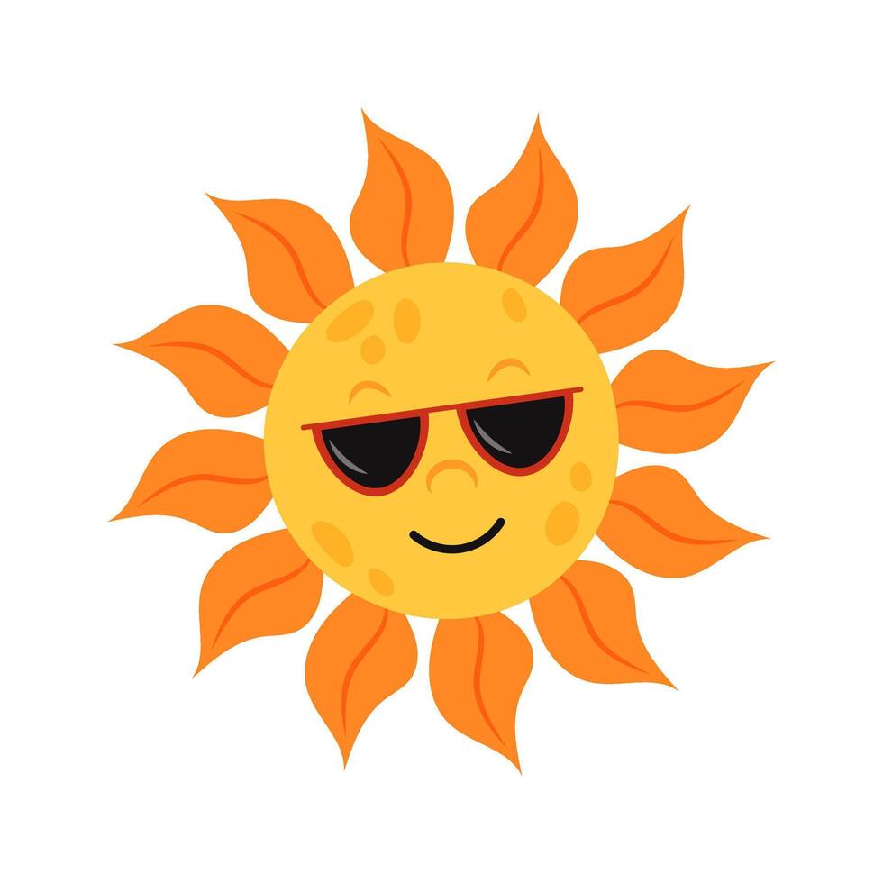 Sun in sunglasses on a white background. Funny sun face icon. Summer recreation, travelling. Summer vibe. Flat style illustration. vector
