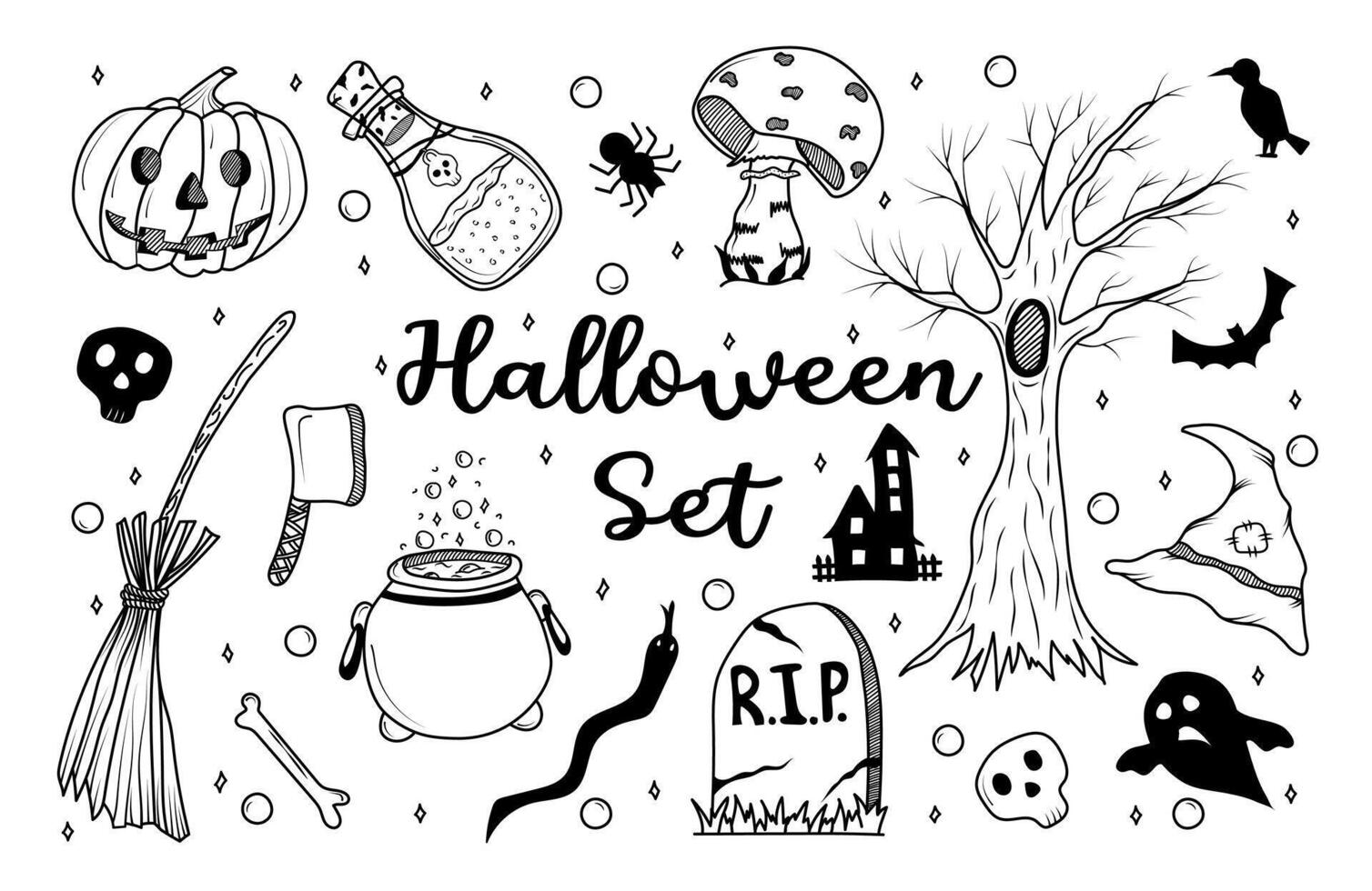 Set elements for Halloween. For party invitations, stickers, posters, greeting cards, notebook covers, wrapping paper. evil pumpkin, hat, broom, castle, tree, skull, mushroom, cauldron vector