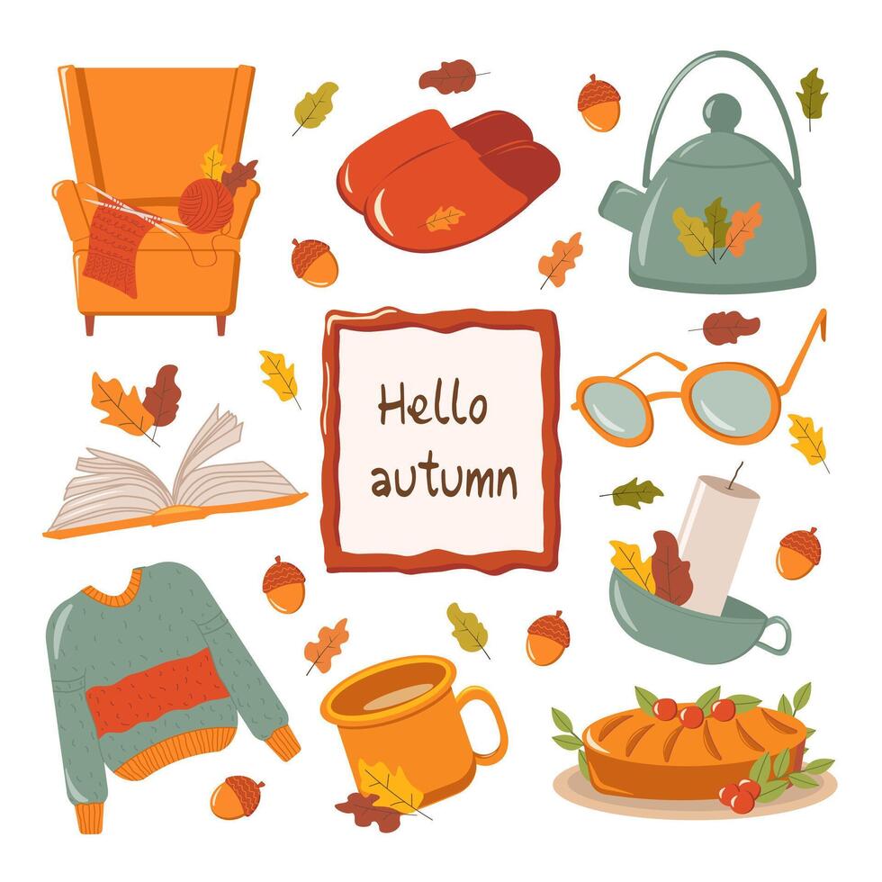 cozy autumn set, for a great autumn mood. An armchair with knitting, reading glasses, a book, a cup of hot tea, a kettle, an open book, a candle, slippers, a delicious pie, a cozy sweater and a frame vector