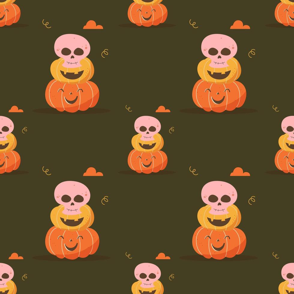 Pumpkins and skull seamless pattern on dark background vector