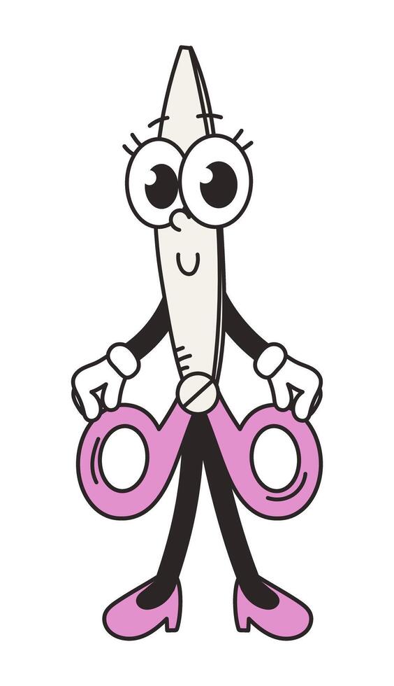 Retro groovy character scissors. Funny vintage mascot element. Stationery. Education, school. Cartoon illustration vector