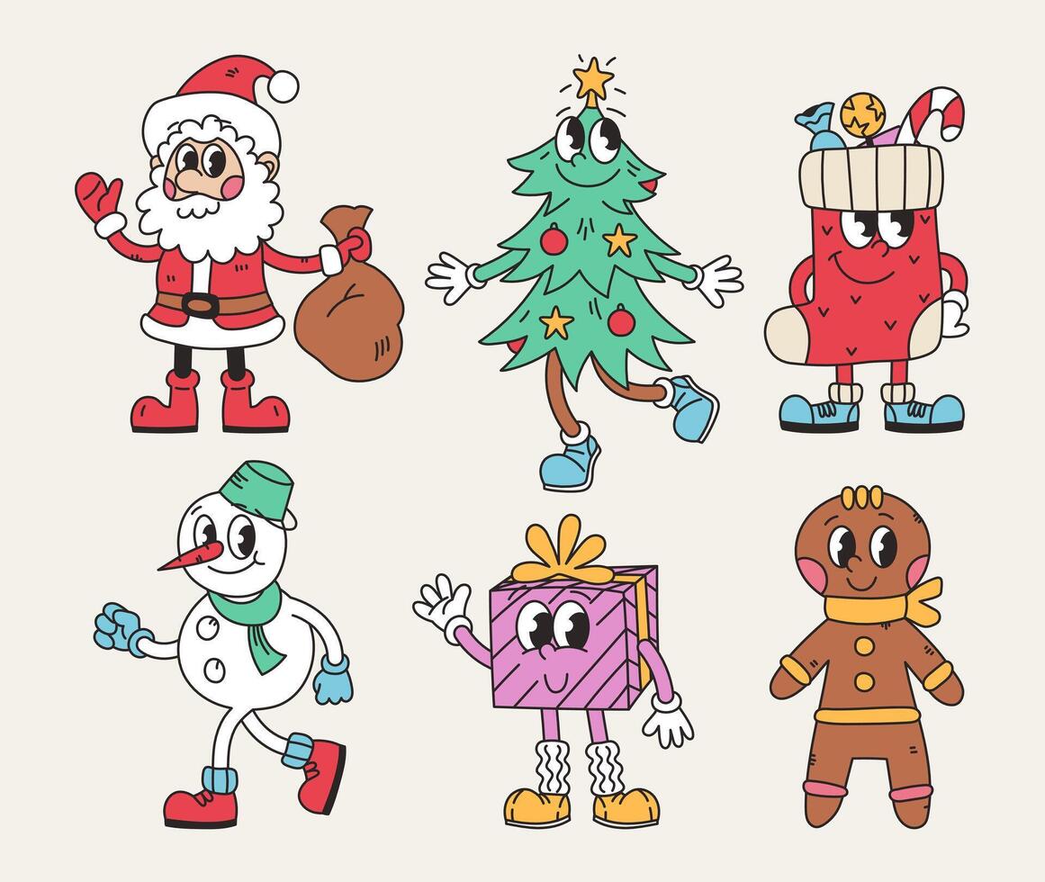 Cool Groovy Christmas. Groovy Santa Claus, Christmas tree, snowman, gift, gingerbread, gift sock in trendy retro cartoon style. character sticker set vector