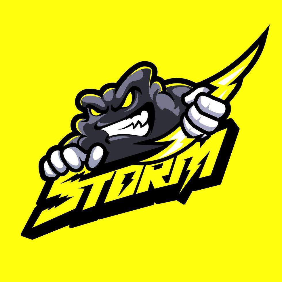 angry cloud holding lightning mascot logo vector