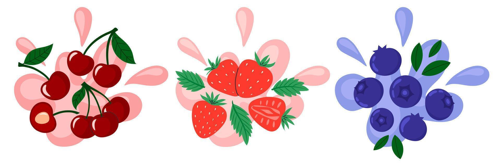 Berries set on abstract background. Cherry, blueberry, strawberry taste. Fresh summer juicy berry. Flat illustration vector