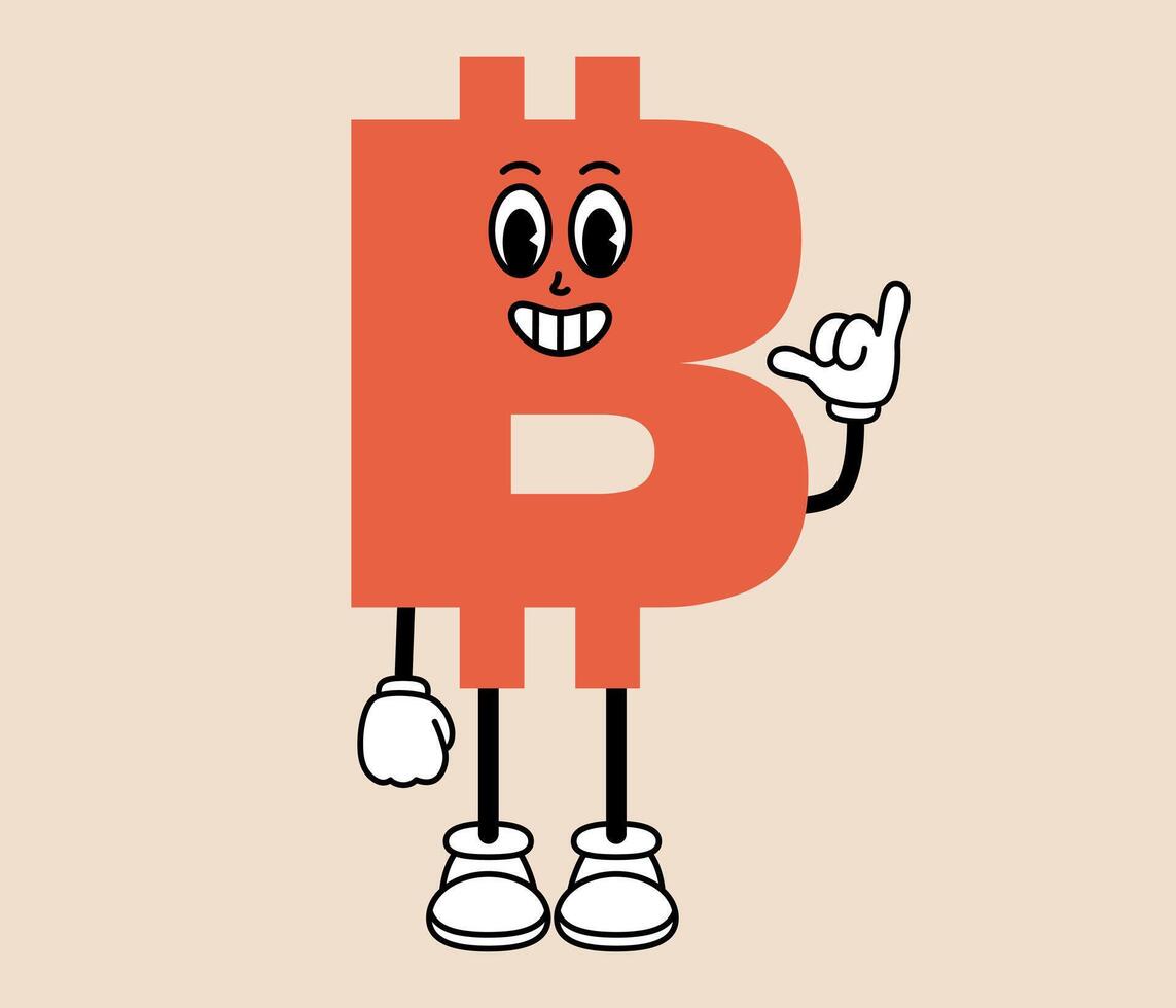 Groovy bitcoin cartoon character. Funny retro digital money mascot with face emotion, hands and legs. Fun cryptocurrency sticker. Comic element in trendy retro style. illustration vector