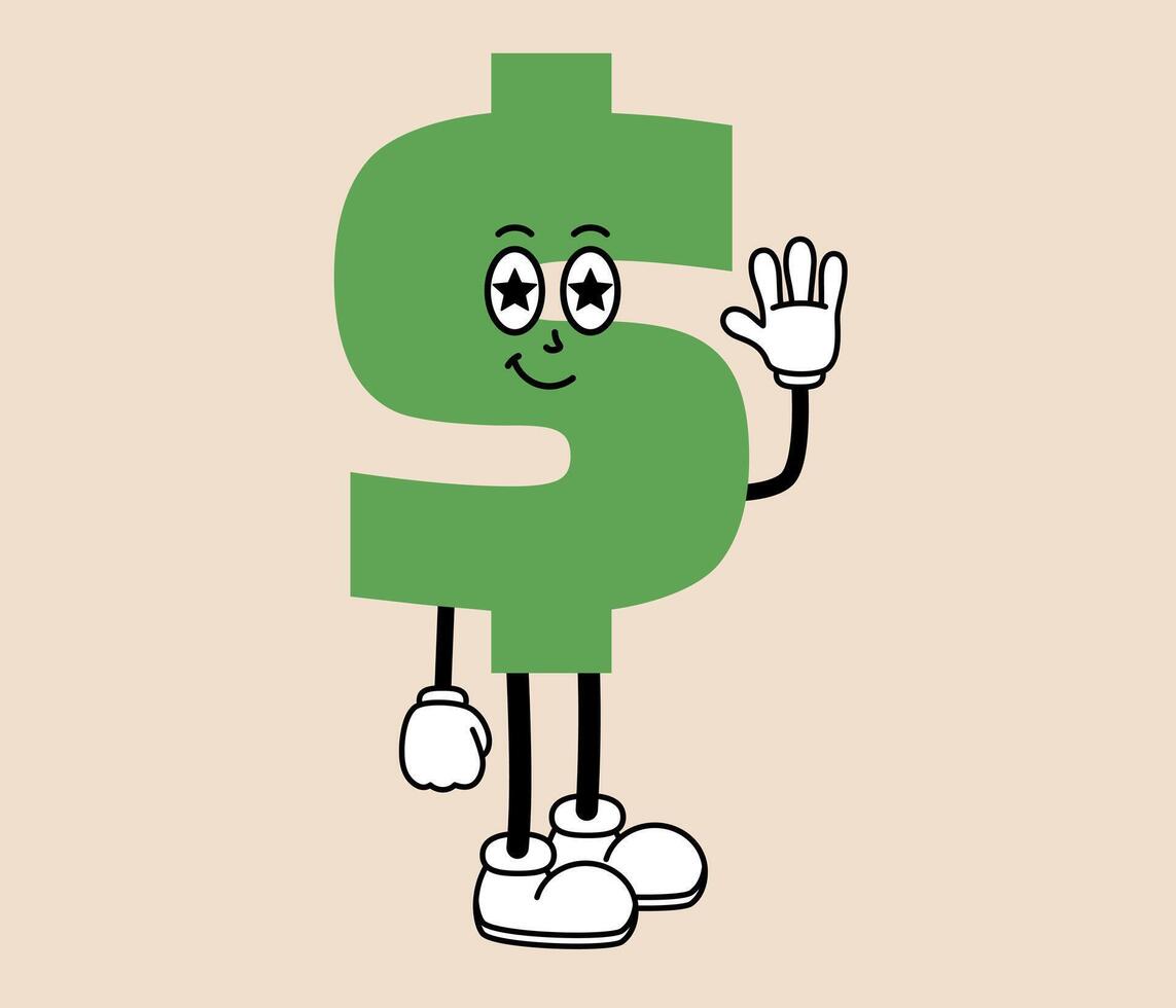 Groovy dollar cartoon character. Funny retro money mascot with face emotion, hands and legs. Fun monetary sticker. Comic element in trendy retro style. illustration vector