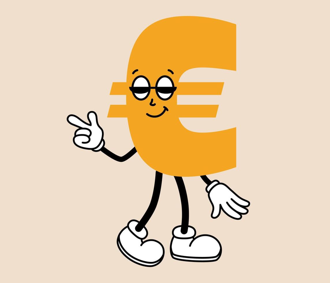 Groovy euro cartoon character. Funny retro money mascot with face emotion, hands and legs. Fun monetary sticker. Comic element in trendy retro style. illustration vector