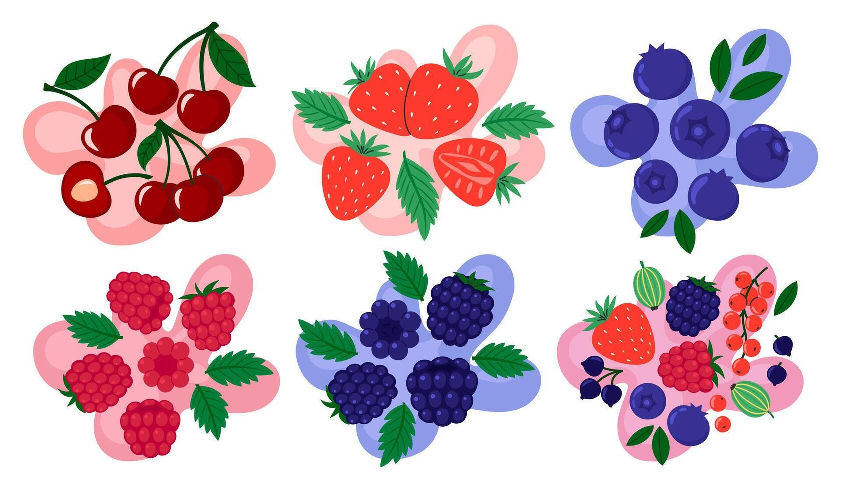 Berries set on abstract background. Cherry, raspberry, blueberry, blackberry, strawberry and other berry taste. Fresh summer juicy berry. Flat illustration vector