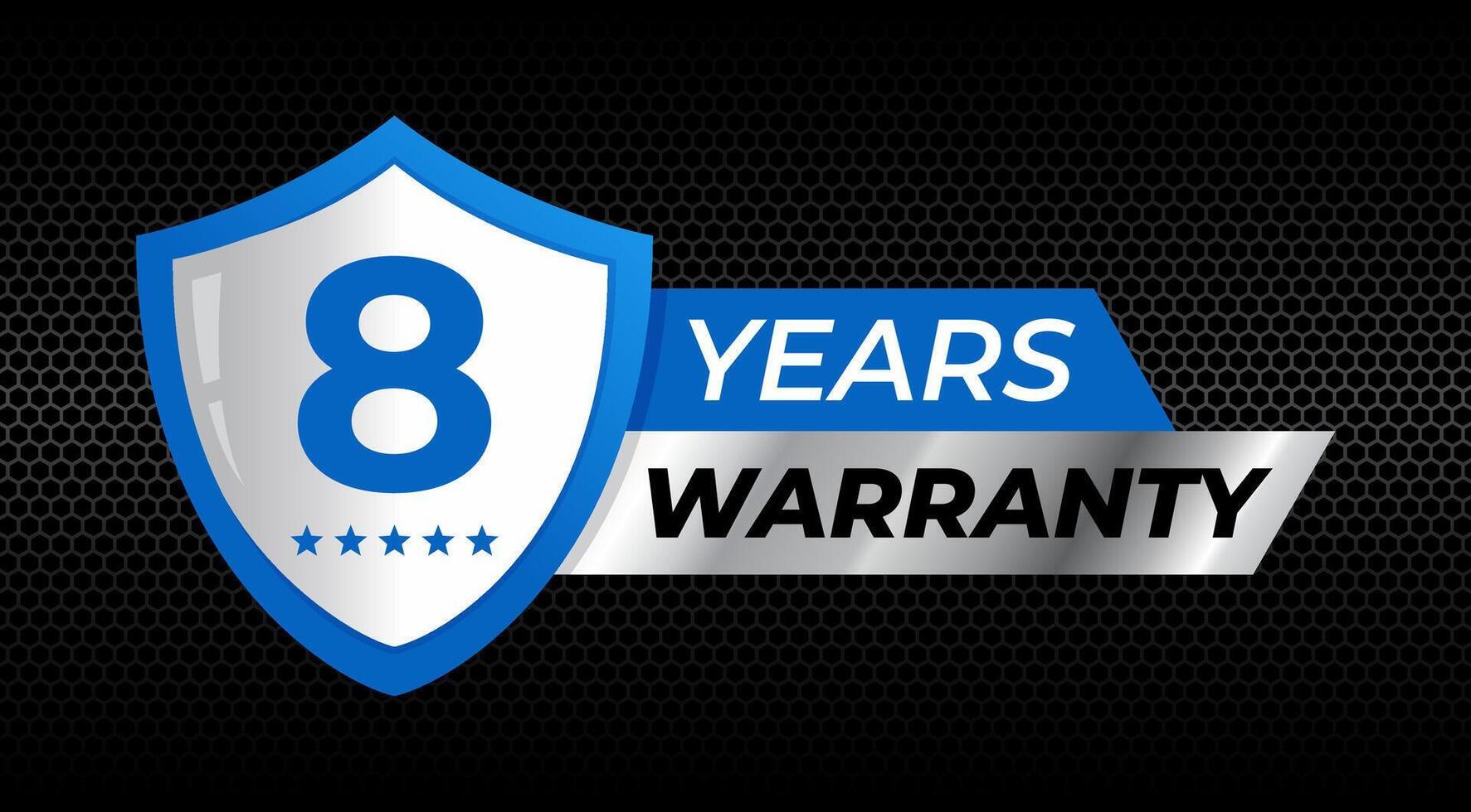 8 years warranty shield label icon badge design. blue and silver color. illustration eps 10 vector