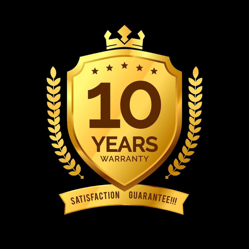 label 10 years warranty protective icon badge . design the shape of a golden shield with a king's crown. illustration eps 10 vector
