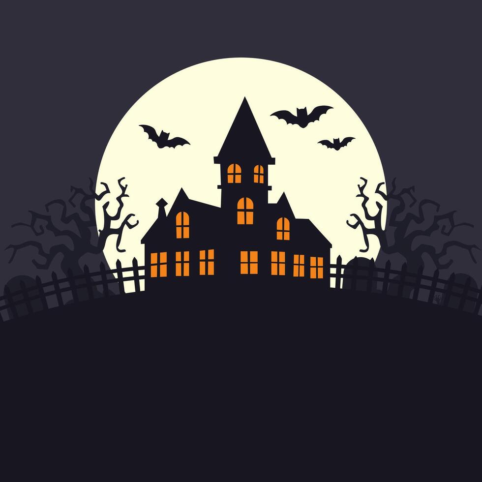 Gloomy castle, cemetery against the backdrop of the moon with bats. Halloween illustration vector
