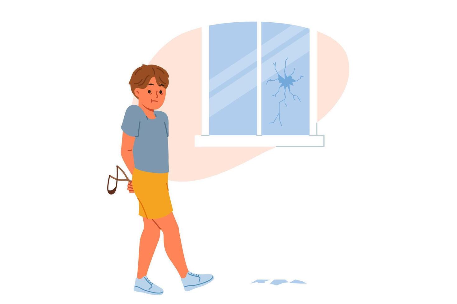 Hooligan boy broke window with slingshot and is afraid of punishment from parents for bad behavior vector