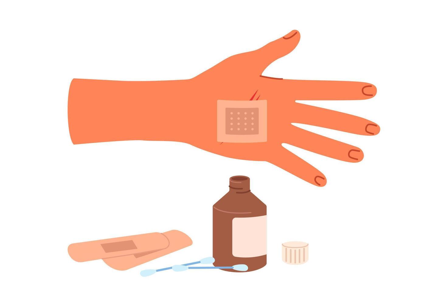 Patch on palm and medicinal ointment in glass bottle help stop bleeding and avoid blood poisoning vector