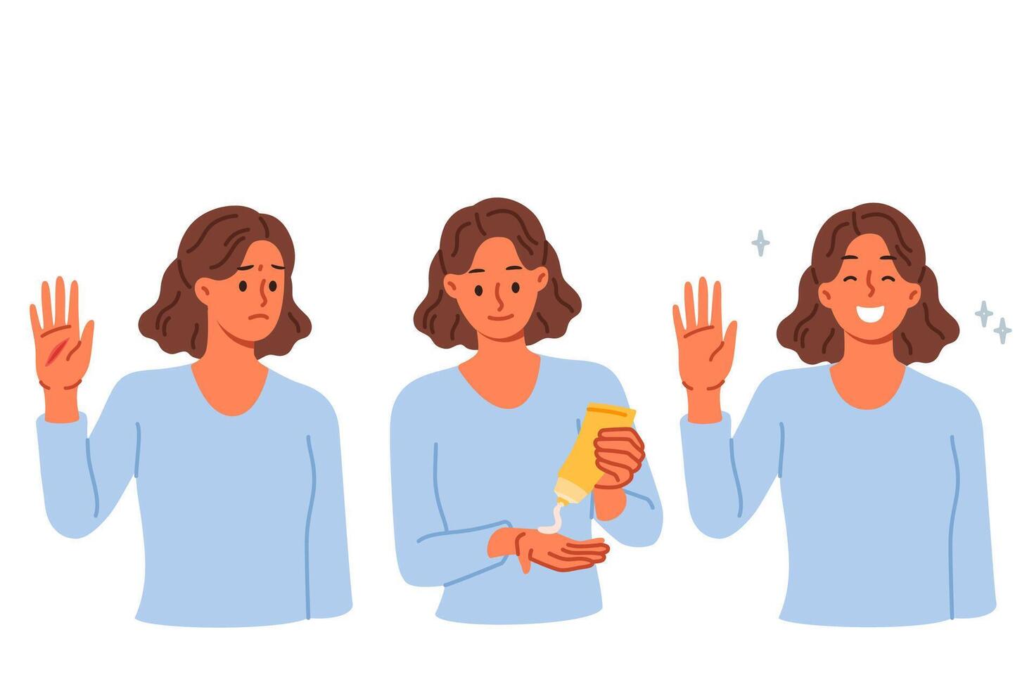 Young woman use hand cream to get rid of cracks in skin or to heal wound on palm vector