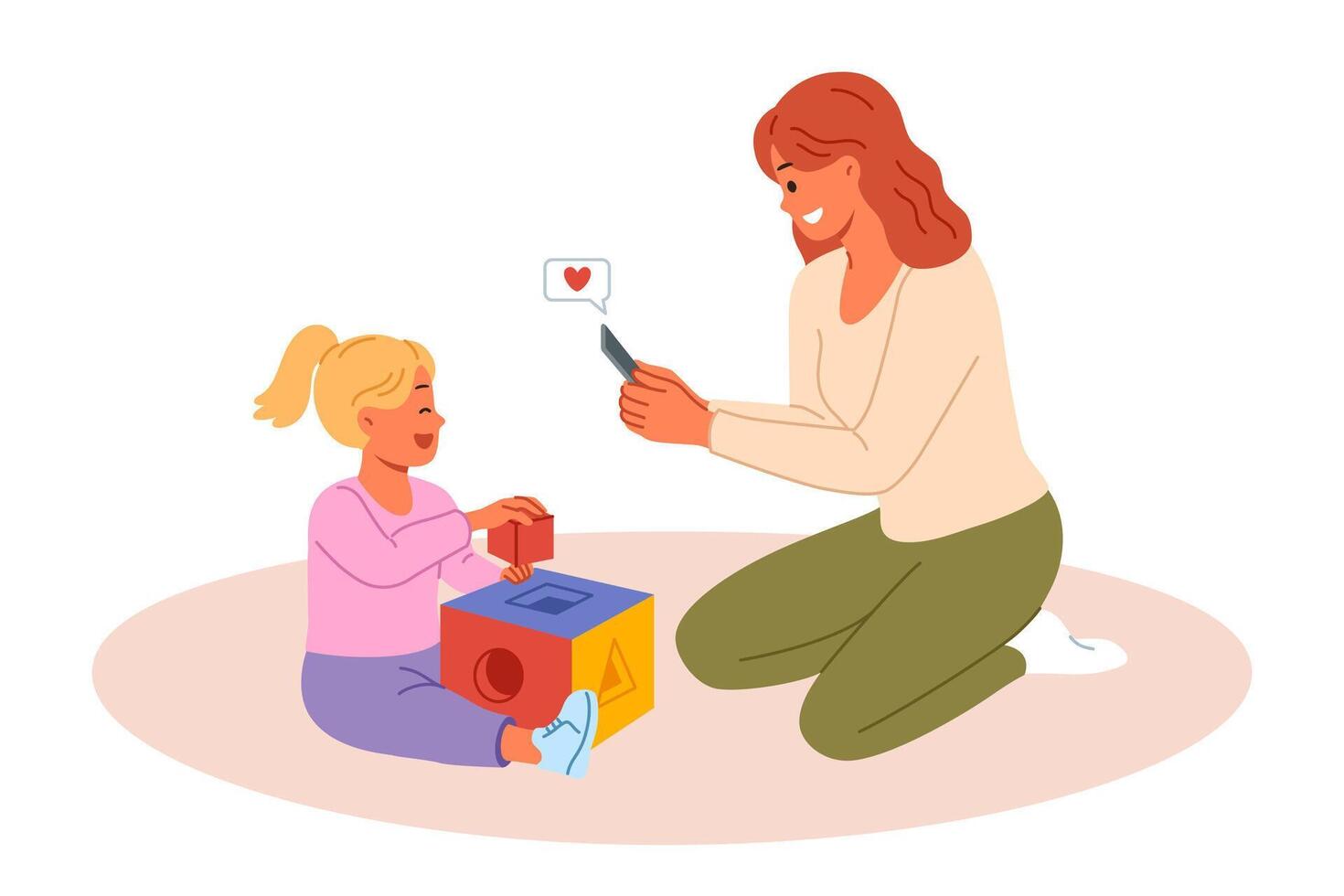 Happy mother takes photo of little daughter playing with blocks on mobile phone camera vector