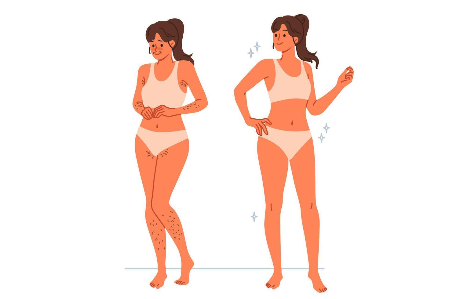 Girl uses depilation and laser hair removal, demonstrating result of visit to cosmetologist vector