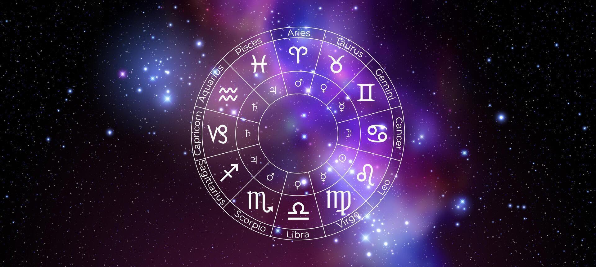 Circle with Zodiac Signs on Colorful Starry Space Background. Illustration vector