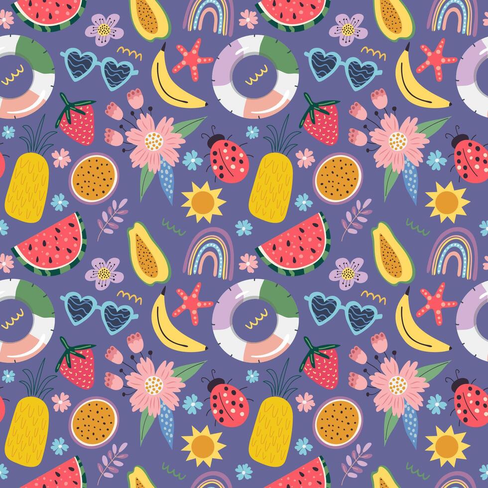 Summer time. Seamless pattern on dark background, illustration vector