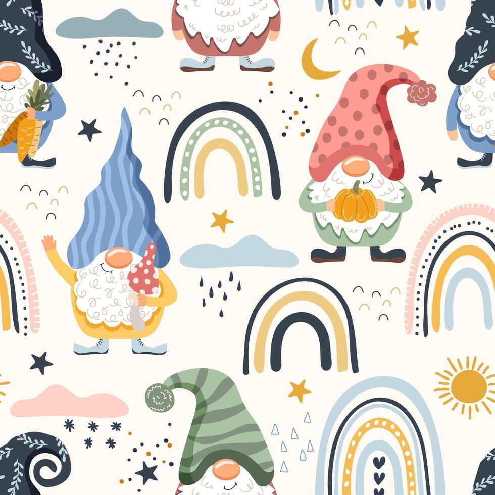 Gnomes and rainbows. Seamless pattern, illustration vector