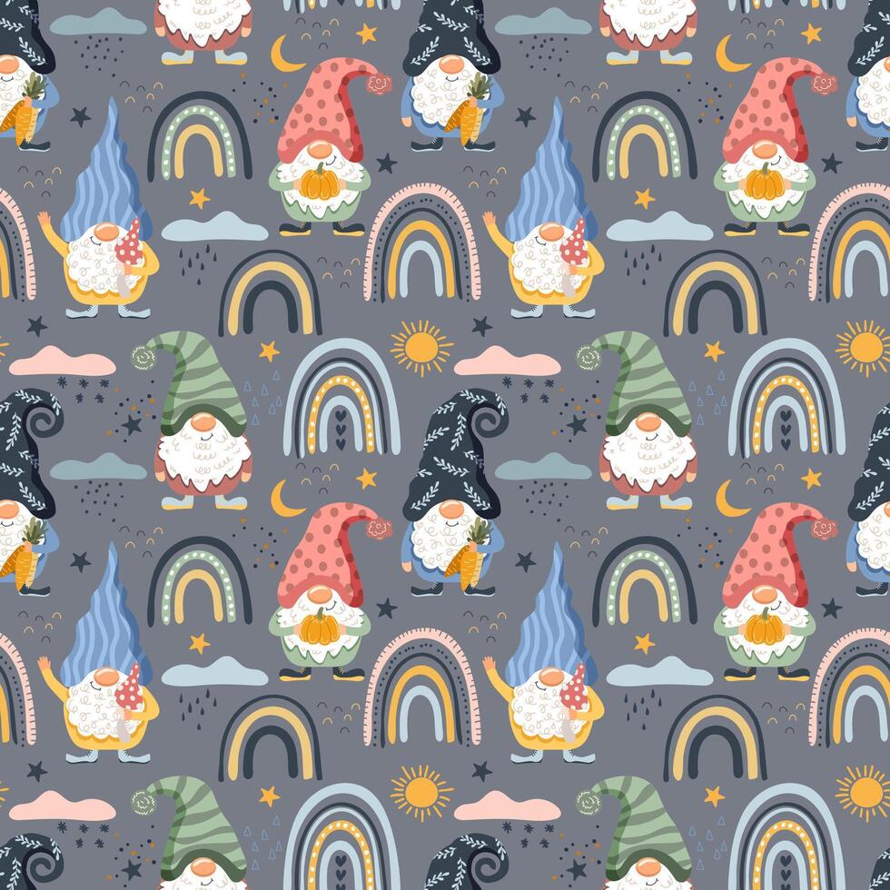 Gnomes and rainbows. Seamless pattern, illustration vector