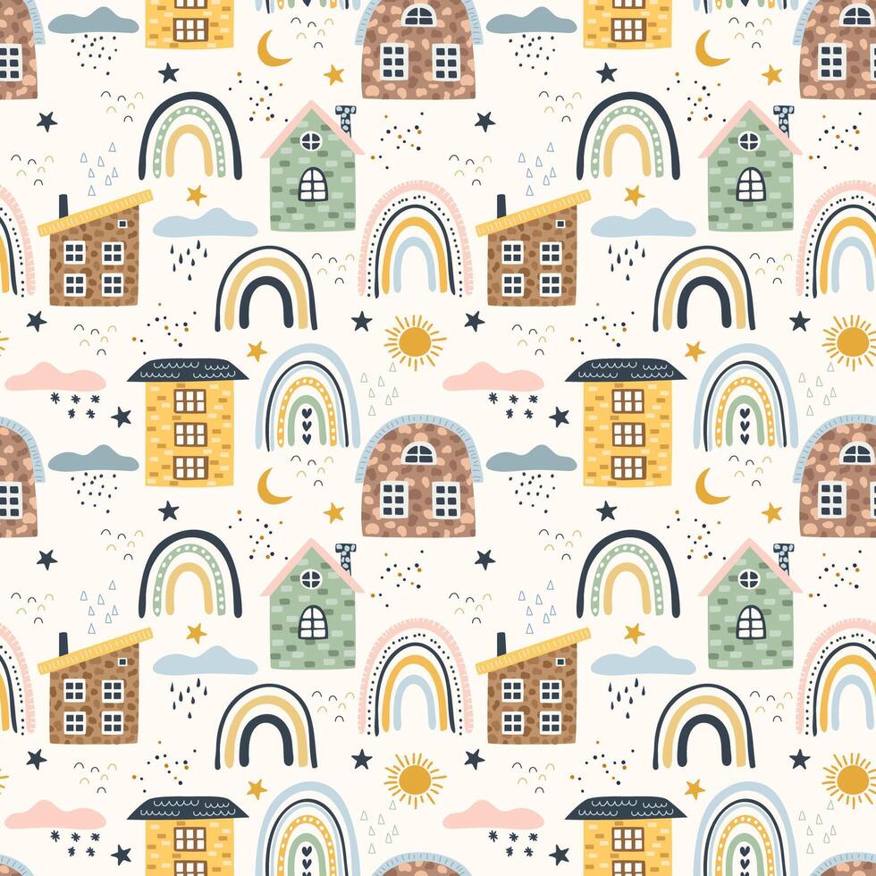 Rainbows, houses. Seamless pattern, illustration. Children's pattern vector