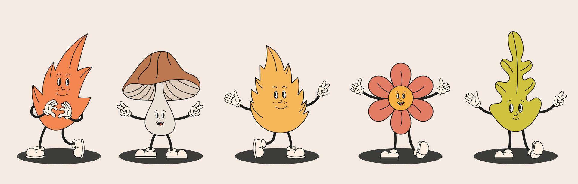 Collection of autumn playful cartoon characters in retro groovy style. Joyful leaf, oak leaf, cheerful pumpkin, funny mushroom, happy flower. Cute autumn harvest retro mascot set. Hello autumn. vector